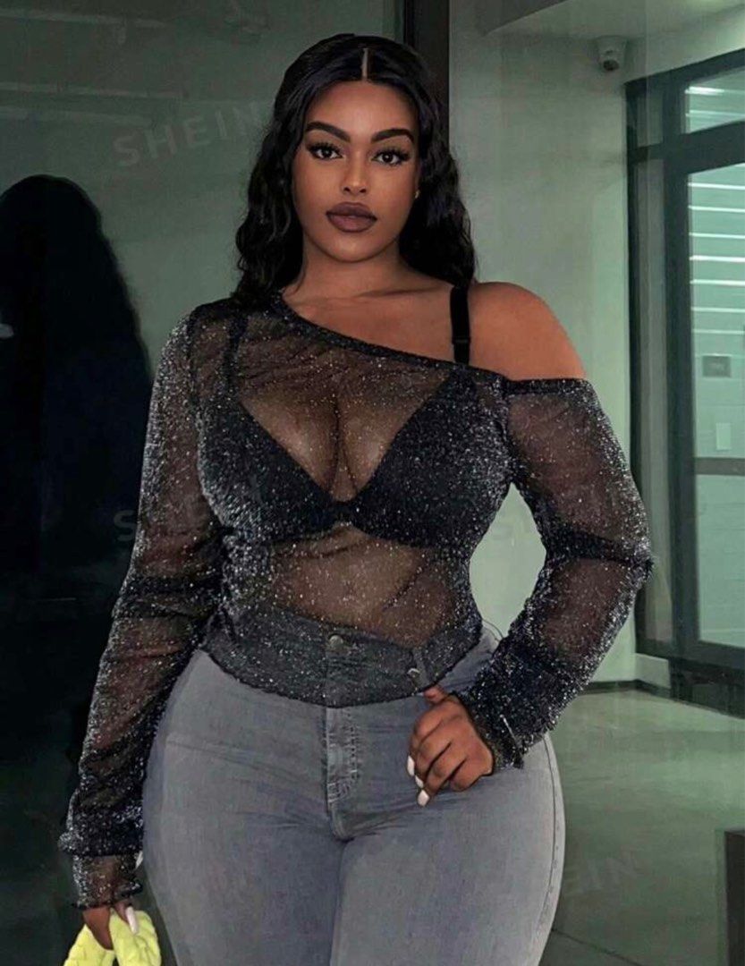 SHEIN Plus Size Black Glitter Mesh Top 1XL Women s Fashion Tops Longsleeves on Carousell