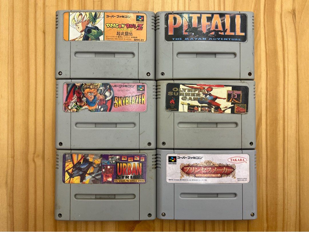 Super Famicom Games (TAKE ALL) (Category: Nintendo) located in Pasig City. Submitted by marttijoeyson (Listing ID 1323997280, Image 1). Description: SELLING AS BUNDLE. All tested working, as seen in photos. TAKE ALL: P700 Games: - Dragon Ball Z - Pitfall - Princess Maker - Skyblazer - Olympic Summer Games - Urban Strike RFS: Decluttering Shipping via Grab, Lalamove, LBC, Flash at buyer’s expense Loc: Pasig, Ortigas.