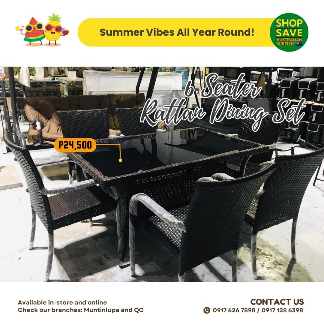 6-seater Rattan Dining Set (Category: Tables & Sets) located in Muntinlupa City. Submitted by affordable_surplus.1 (Listing ID 1324012615, Image 1). Description: 🛒Order now! 6-seater Rattan Dining Set P24,500 Inclusions: 6x Wicker Chairs 1x Rectangle Glasstop Table with Rattan design Reine David- 09611741423.