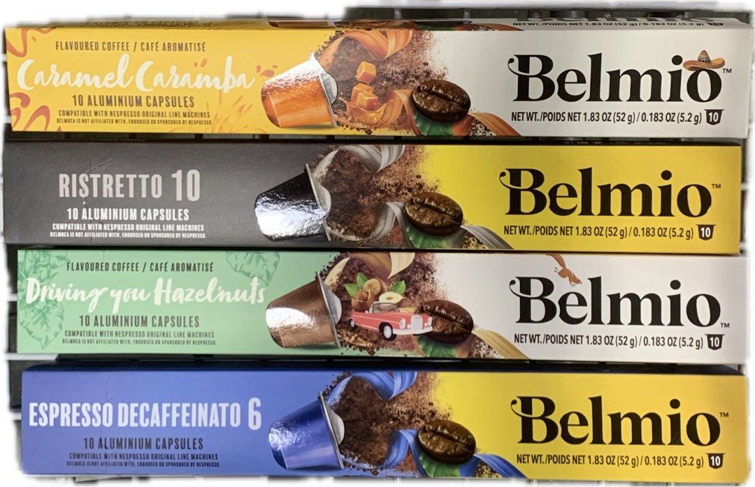 BELMIO NESPRESSO COFFEE 10 CAPSULES (Category: Beverages) located in Imus. Submitted by foodhaveit24 (Listing ID 1324177464, Image 1). Description: BELMIO NESPRESSO COFFEE 10 CAPSULES CARAMEL CARAMBA 280.00 HAZELNUTS 280 DECAF INTENSITY 6 250 RISTRETTO 10 250.