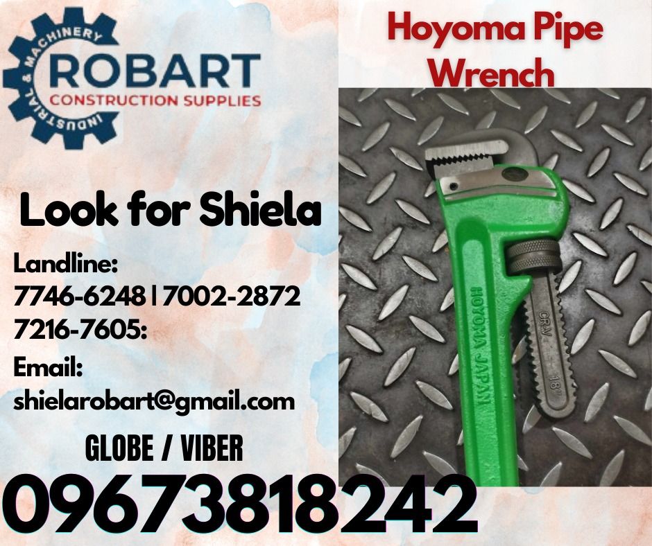 Hoyoma Pipe Wrench (Category: Construction Tools & Equipment) located in Caloocan City. Submitted by shielaroba44709 (Listing ID 1324059757, Image 1). Description: Hoyoma Pipe Wrench 18" 𝑹𝑶𝑩𝑨𝑹𝑻 𝑪𝑶𝑵𝑺𝑻𝑹𝑼𝑪𝑻𝑰𝑶𝑵 𝑺𝑼𝑷𝑷𝑳𝑰𝑬𝑺 Office Address: 1405 Yuseco St. Sta Cruz Manila SEND US MESSAGE FOR INQUIRIES ‼️ ‼️ Call: 09673818242 / 09662708845 Vibr - (09673818242) Landline: (𝟩𝟩𝟦𝟨-𝟨𝟤𝟦𝟪) / (𝟩𝟢𝟢𝟤-𝟤𝟪𝟩𝟤) / (𝟩𝟤𝟣𝟨-𝟩𝟨𝟢�