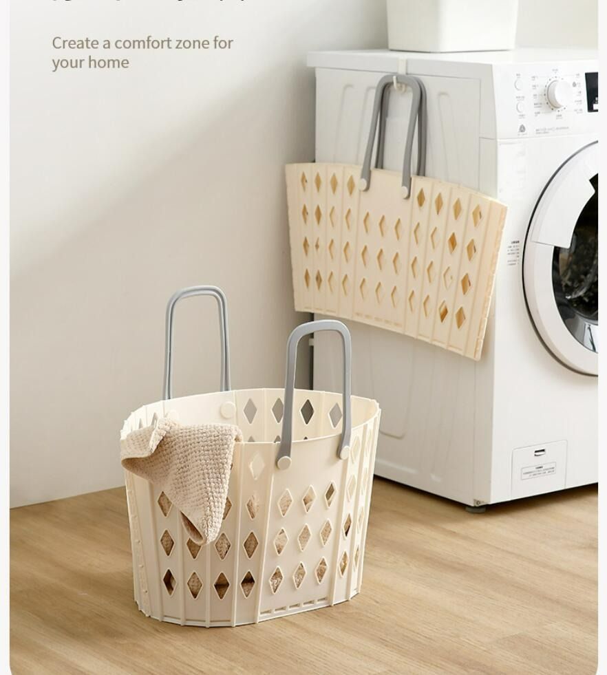 Laundry Basket Collapsible Plastic Portable Hamper, Waterproof Storage for Dirty Clothes Bedroom Round Bin with Handle