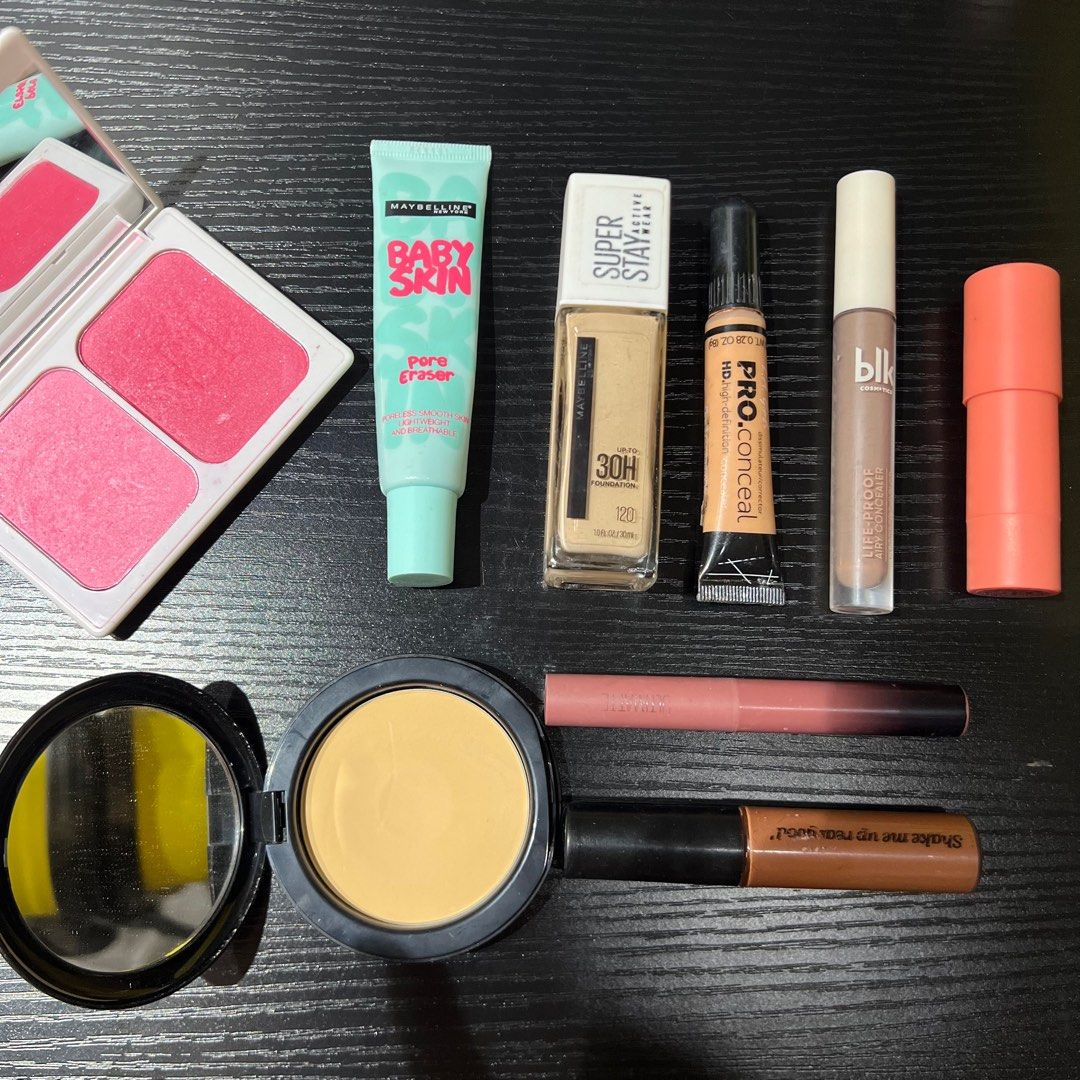 Makeup Bundle- Maybeline, BLK, Sunnies Face, BYS (Category: Makeup) located in Mandaluyong City. Submitted by weeeka_ (Listing ID 1324022249, Image 1). Description: Selling some pre-loved makeup items! Most of these were either gifted to me and only swatched or used once or twice, while others I purchased but realized they no longer suit my skin tone. Since I often go to the beach, my skin color changes frequently, affecting the match of the make