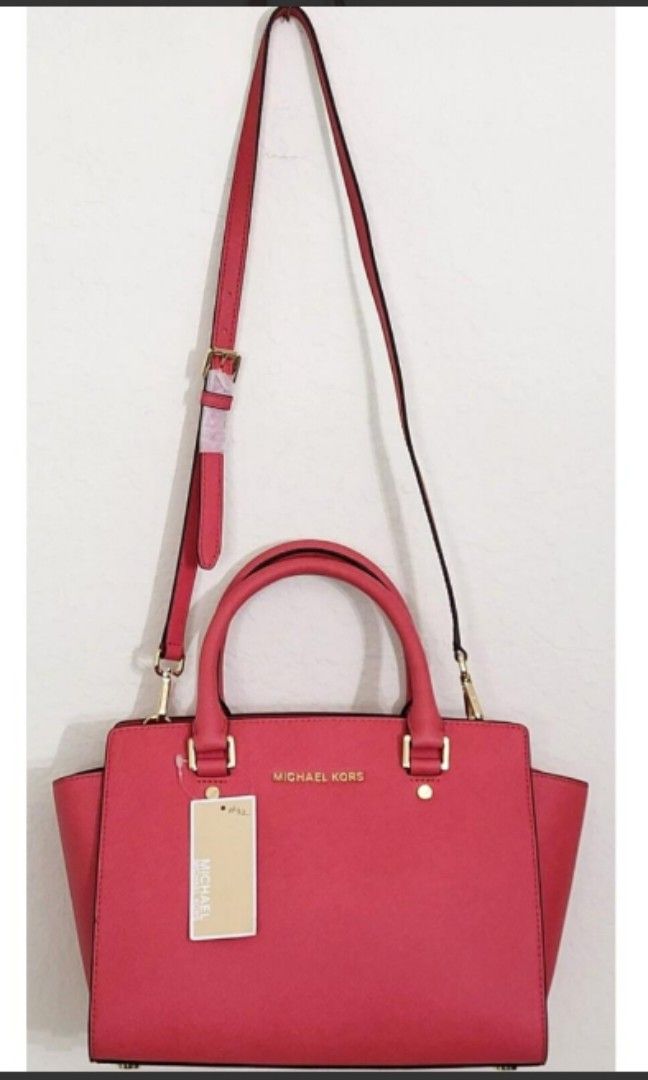 Michael Kors Selma Mandarin Red Saffiano Leather Crossbody Satchel Bag