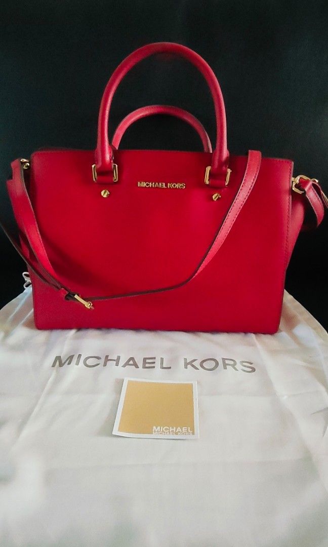 Michael Kors Selma Mandarin Red Saffiano Leather Crossbody Satchel Bag