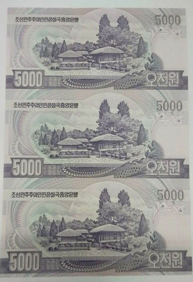 North Korea 5000 won 2002 uncut 3in1 sheet, Hobbies & Toys, Memorabilia &  Collectibles, Currency on Carousell