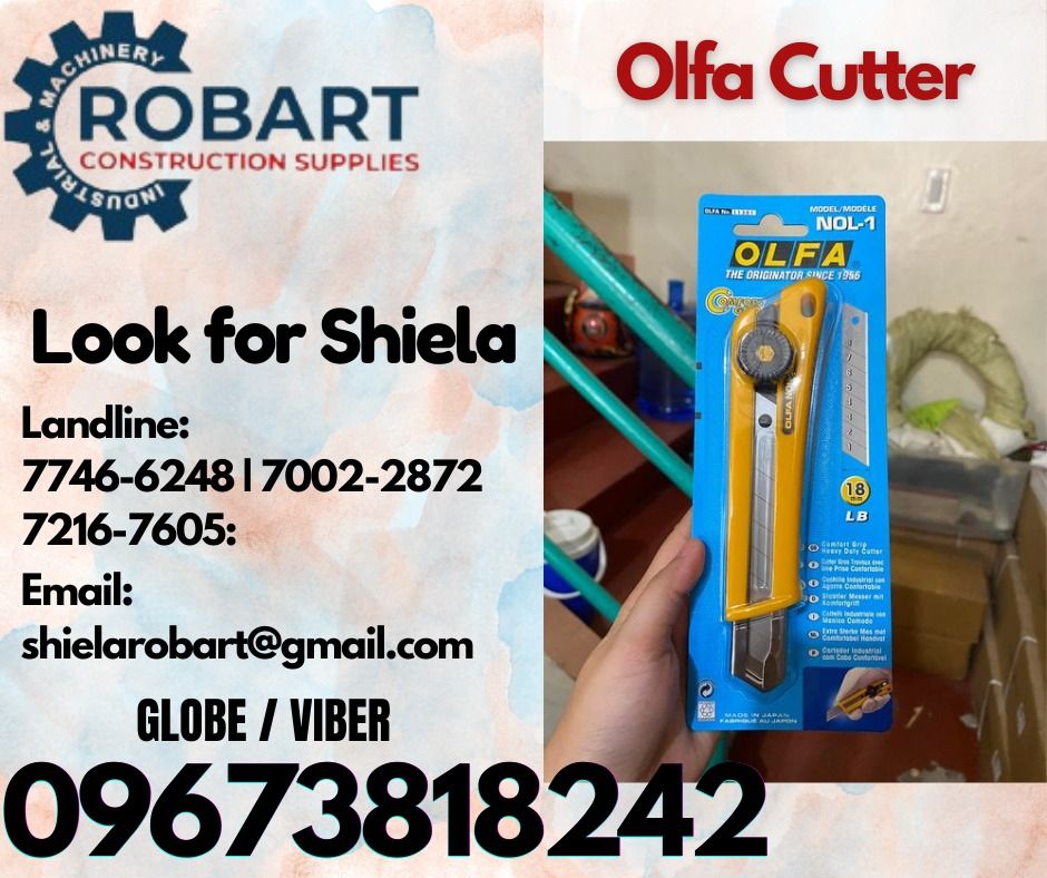 Olfa Cutter (Category: Construction Tools & Equipment) located in Caloocan City. Submitted by shielaroba44709 (Listing ID 1324073458, Image 1). Description: Olfa Cutter Model: NOL-1 𝑹𝑶𝑩𝑨𝑹𝑻 𝑪𝑶𝑵𝑺𝑻𝑹𝑼𝑪𝑻𝑰𝑶𝑵 𝑺𝑼𝑷𝑷𝑳𝑰𝑬𝑺 Office Address: 1405 Yuseco St. Sta Cruz Manila SEND US MESSAGE FOR INQUIRIES ‼️ ‼️ Call: 09673818242 / 09662708845 Vibr - (09673818242) Landline: (𝟩𝟩𝟦𝟨-𝟨𝟤𝟦𝟪) / (𝟩𝟢𝟢𝟤-𝟤𝟪𝟩𝟤) / (𝟩𝟤𝟣𝟨-𝟩𝟨𝟢𝟧) *�