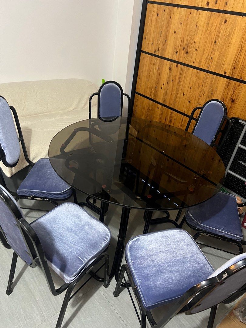 Round glass dining table 6-seater (Category: Tables & Sets) located in Marilao. Submitted by chachi101 (Listing ID 1324179232, Image 2). Description: • Velvet chairs (cover can be changed; it has zippers) • Very thick glass • Sturdy and stable (no wobbling) Rfs: Decluttering the storage room.