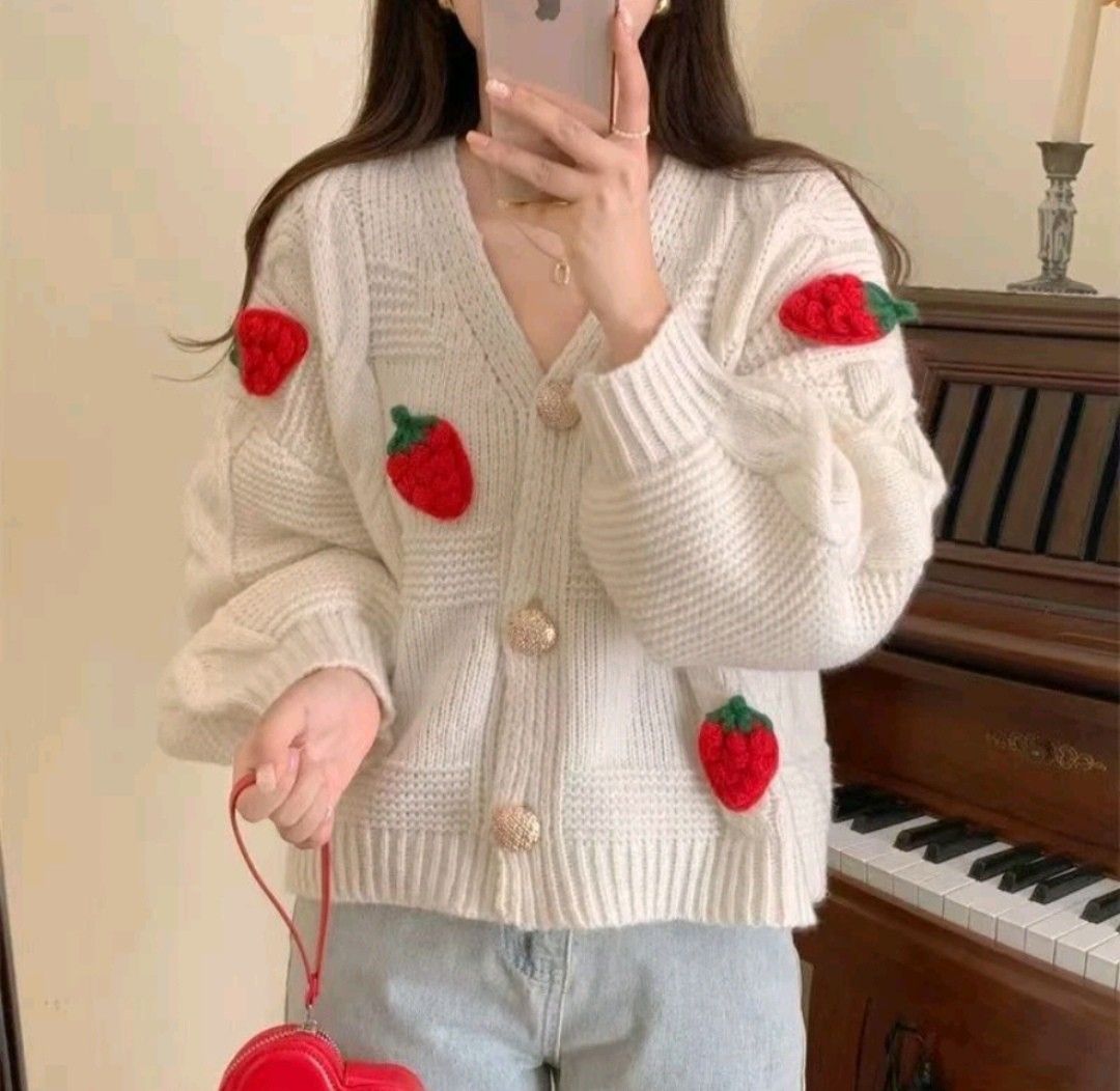 Sweet Strawberry Korean Knitted Jacket (Category: Coats, Jackets and Outerwear) located in Taguig. Submitted by decluttering.ph2020 (Listing ID 1324177869, Image 2). Description: .