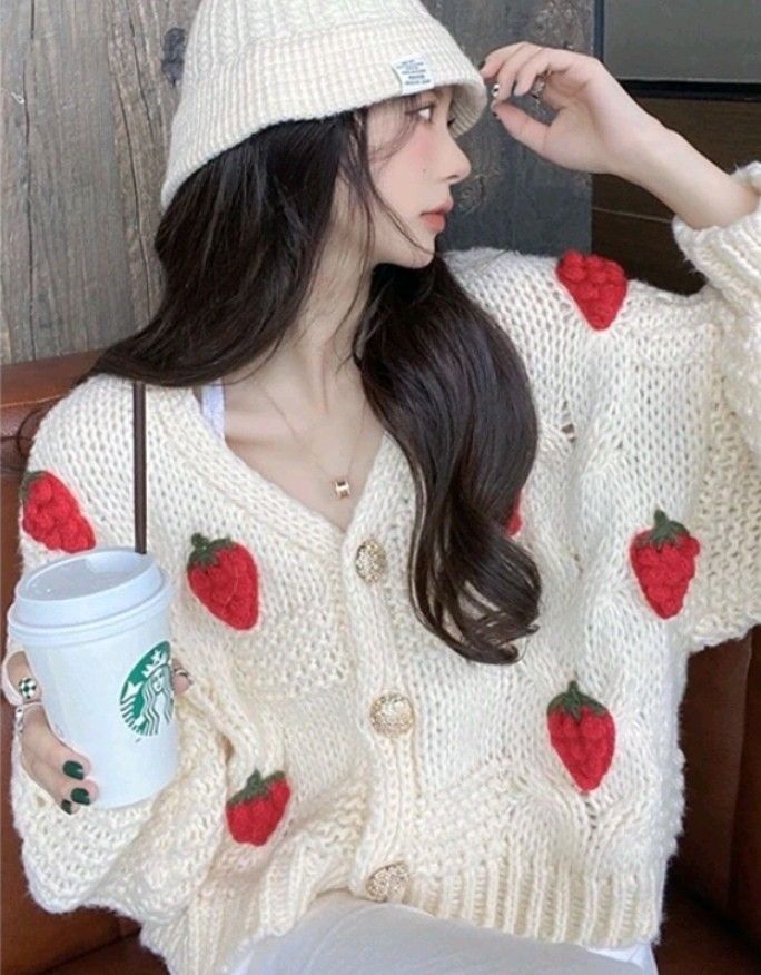 Sweet Strawberry Korean Knitted Jacket (Category: Coats, Jackets and Outerwear) located in Taguig. Submitted by decluttering.ph2020 (Listing ID 1324177869, Image 1). Description: .