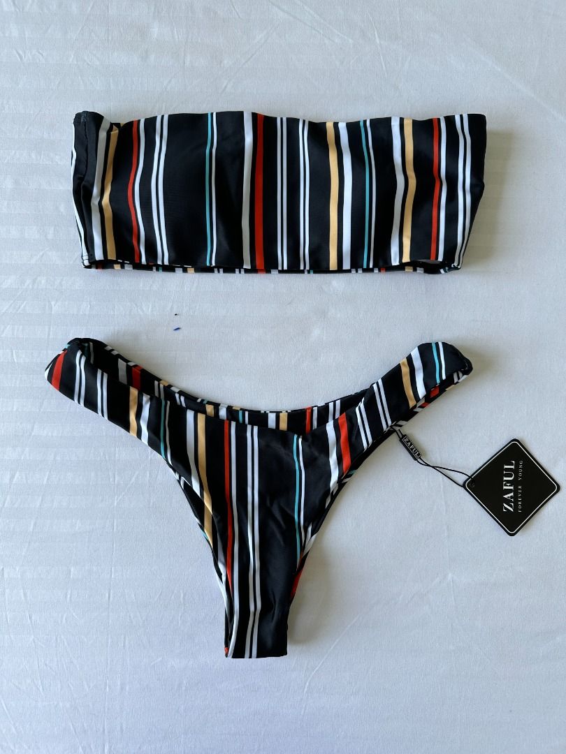 ZAFUL Striped High Cut Bandeau Bikini Set (Category: Bikinis & Swimsuits) located in Pasig City. Submitted by secondbase_ (Listing ID 1324169732, Image 2). Description: ZAFUL Striped High Cut Bandeau Bikini Set Pattern Type: Stripes Material: Polyester, Spandex Bra Style: Padded Size: Small Never been used! Very good quality, comfy, bottoms are not too cheeky :) Complete w/ ziplock & hygienic liner .