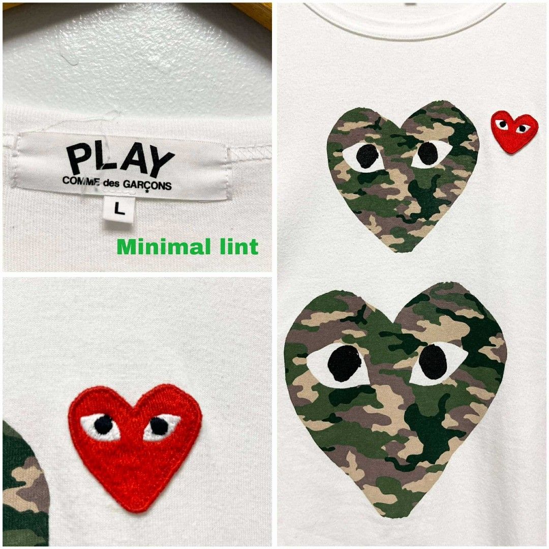 CDG PLAY DOUBLE HEART CAMOUFLAGE HEART DESIGN WHITE SHIRT Luxury Apparel on Carousell