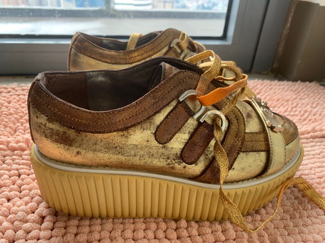 Chanel Metallic Gold Foil Leather Creepers Platform Sneakers Size 6.5 Women s Fashion Footwear Sneakers on Carousell