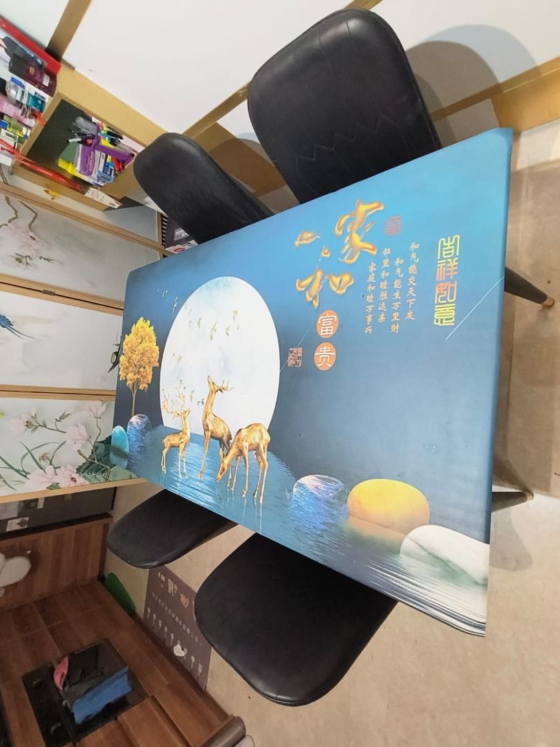 Dining table (Category: Tables & Sets) located in Singapore. Submitted by drache (Listing ID 1324332699, Image 1). Description: Selling the dining table and chairs only (1 set: 1 table and 4 chairs), free: table cover. Marble stone top enough for 6 people..