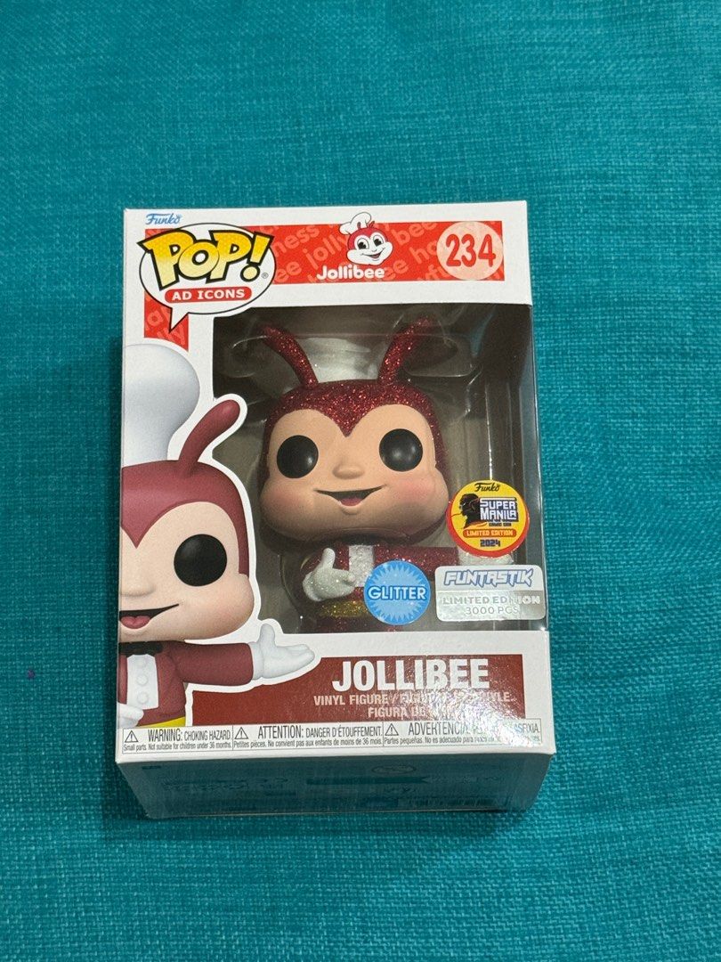 Funko Pop Jollibee Glittered #234 limited (Category: Designer & Blind Box Toys) located in Makati City. Submitted by bobpul (Listing ID 1324343097, Image 2). Description: Selling BNEW OnHand Funko Pop Jollibee Glittered #234 limited to 3000 pcs. Fresh from Super Manila Comic Con 2024. No need for you to queue for hours. Item onhand, available. Actual item in the pic. Can do lalamove SDD at buyers expense. No known issues.