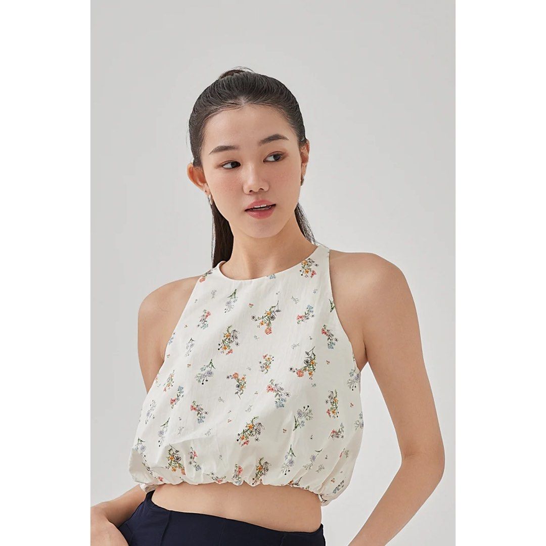 PLAYDRESS Beau Printed Bubble Hem Top Cream Women s Fashion Tops Sleeveless on Carousell