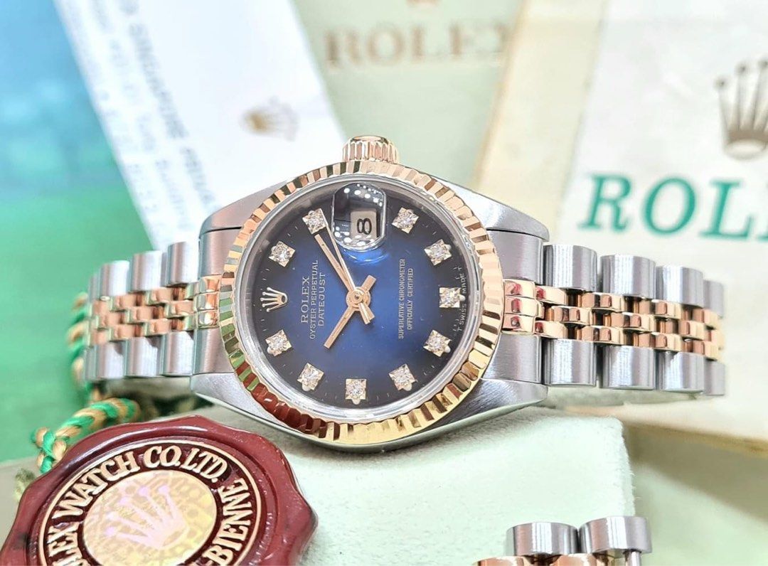 Rolex 26mm (Category: Luxury Watches) located in Manila. Submitted by bagislifeshop (Listing ID 1324351925, Image 1). Description: Rare Blue Piece✨ 100% Authentic Rolex 26mm (CERT/RSC/BOX) Rare Orig 2 Tone Blue 10 Big Diamonds dial ! ROLEX DATEJUST Ladies Ref. 69173 Year 1990’s Condition 9/10 Comes Complete .