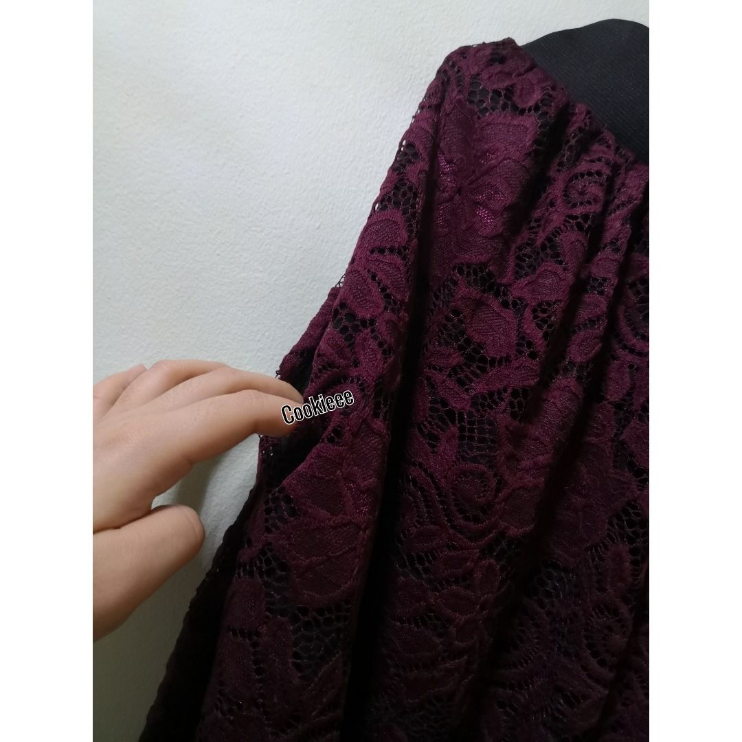 2XL 7XL MAROON RED Plus Size Stretchable Waistband Highwaist Floral Lace Inner Lining Pockets Classic Summer Korean Tailored Skirt