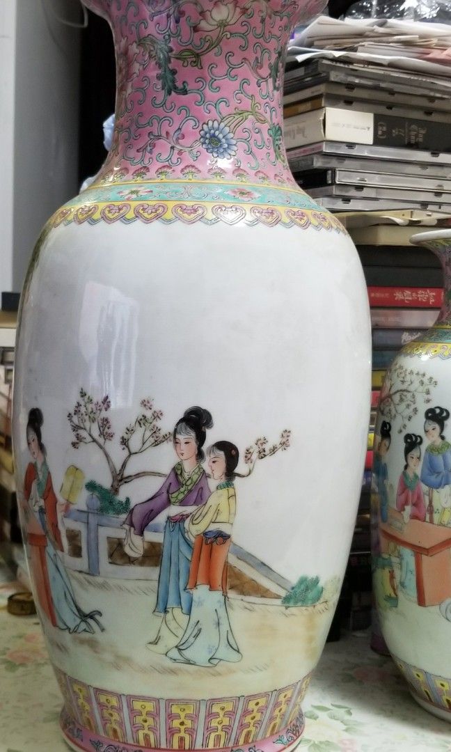 中国　大清光緒年製款　粉彩　漢詩仕女文　双耳瓶　時代箱付　M　R9316B 中国 大清光緒年製款 粉彩 漢詩仕女文 双耳瓶 時代箱付 M R9316B