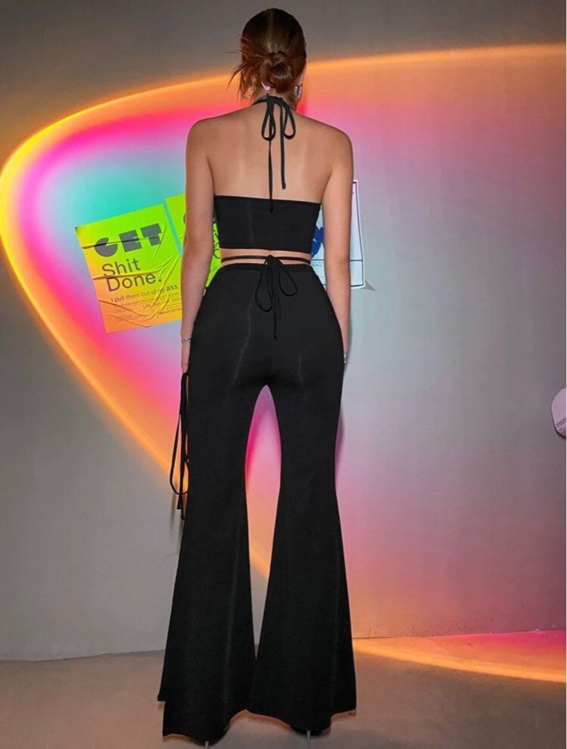 Criss Cross Backless Halter Top Lace up Side Flare Leg Pants Women s Fashion Dresses Sets Sets or Coordinates on Carousell