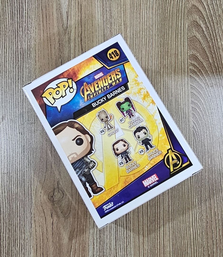 Funko Pop! Marvel Avengers Infinity War - Bucky Barnes 418 (Category: Designer & Blind Box Toys) located in Makati City. Submitted by io.black (Listing ID 1324529540, Image 3). Description: Funko Pop! Marvel Avengers Infinity War - Bucky Barnes 418 100% Authentic/Original Funko Pop Vinyl Figure Sealed On-hand Brand new in box Note: Funko Pops are a mass-produced toy line and variations in manufacturing or paint defects can occur..