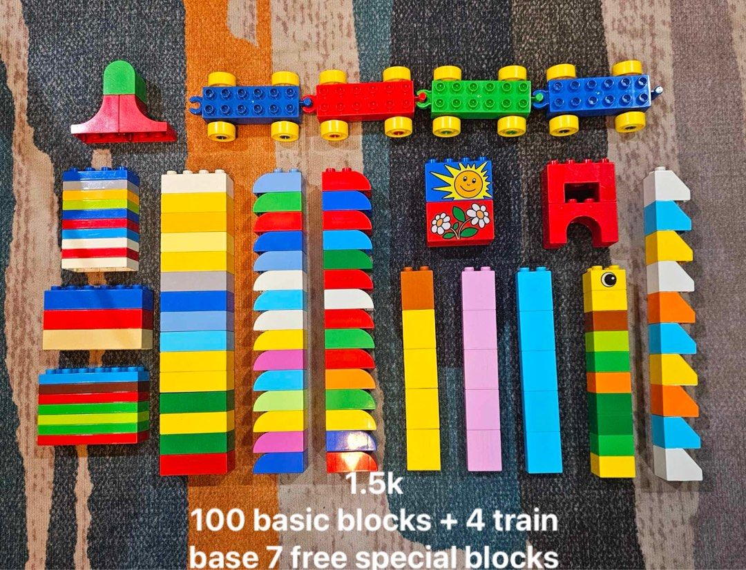 Lego Duplo 100 basic blocks + 4 train base 7 free special blocks (Category: Lego & Building Sets) located in Quezon City. Submitted by tinperen (Listing ID 1324372112, Image 1). Description: Authentic Lego Duplo (all with markings) 100 basic blocks + 4 train base 7 free special blocks ₱1500 Actual Pictures Posted (WYSIWYG) Location: Veterans Village Pasong Tamo QC Pin: Northern Legends Hobby Shop MOP: Gcash, BDO, BPI, COD Lalamove, GrabGoGo Epres