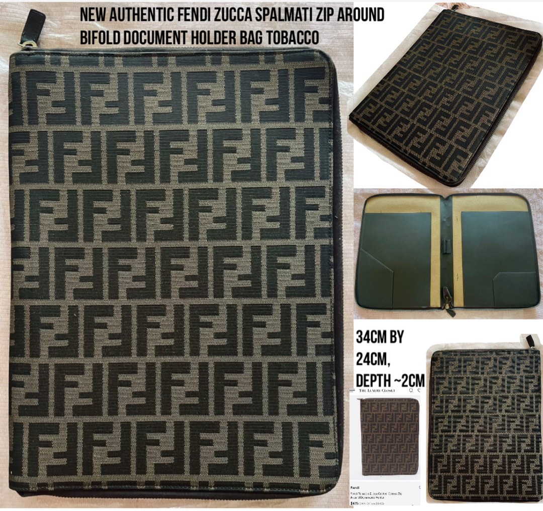 New Authentic Fendi Zucca Spalmati Zip Around bifold Document Holder Bag tobacco