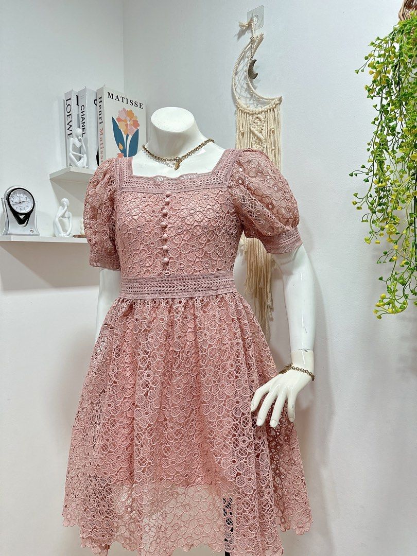 Old Rose Puff Lace Dress, Women's Fashion, Dresses & Sets, Dresses on  Carousell
