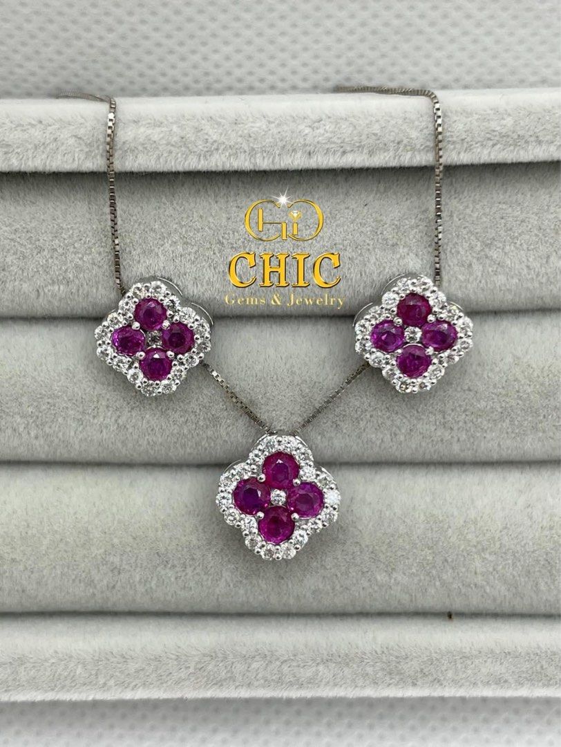 18k Gold Natural Ruby and Diamond Earrings, Women's Fashion