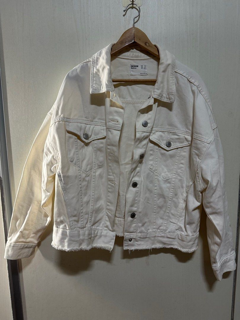 bershka oversized white denim jacket with frayed edges