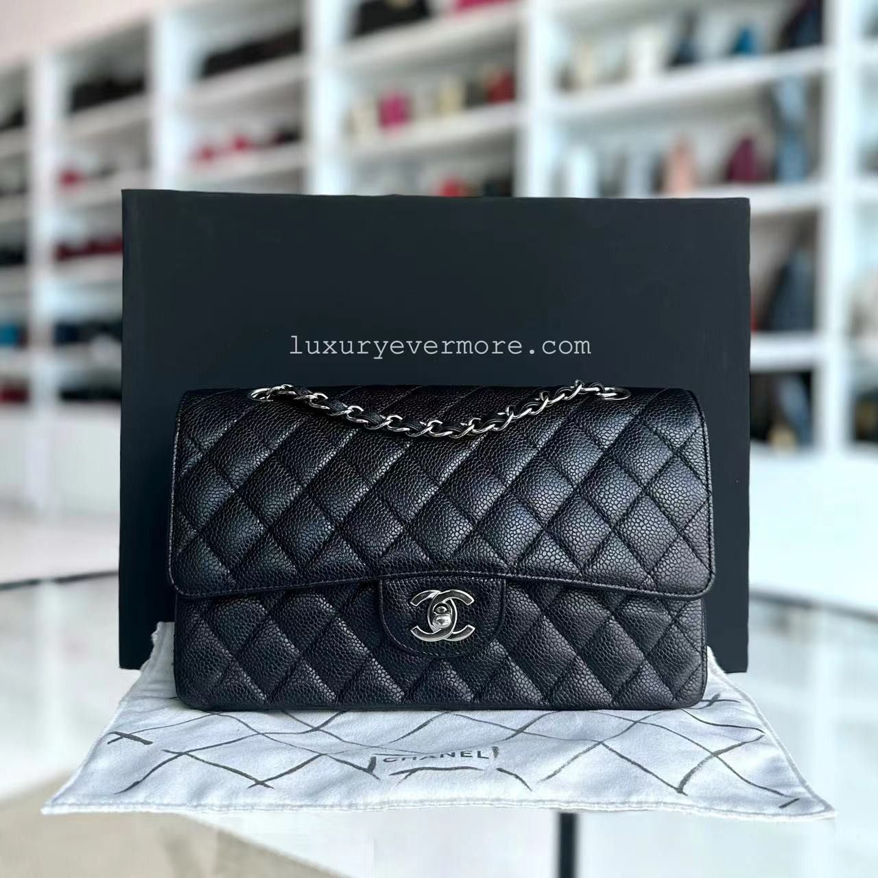 Chanel classic caviar flap bag black silver hardware clearance