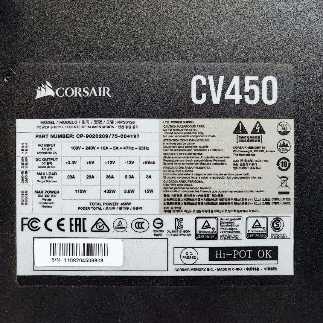 Corsair CV450 PC power supply (Category: Computer Parts) located in Quezon City. Submitted by segadreamcast (Listing ID 1324592386, Image 2). Description: 500php. Last price. No swap. Has not been used for a year. I cannot test it anymore. Buy at your own risk. Pick up only at Sangandaan qc..