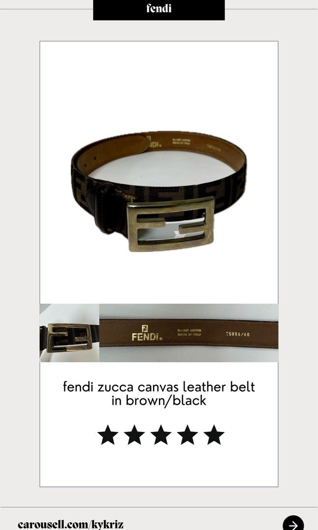 fendi zucca canvas leather belt (Category: Belts) located in Davao. Submitted by kykriz (Listing ID 1324658340, Image 1). Description: og fendi zucca belt in brown/black, in really good condition, negotiable for sure buyers. pm for inquiries.