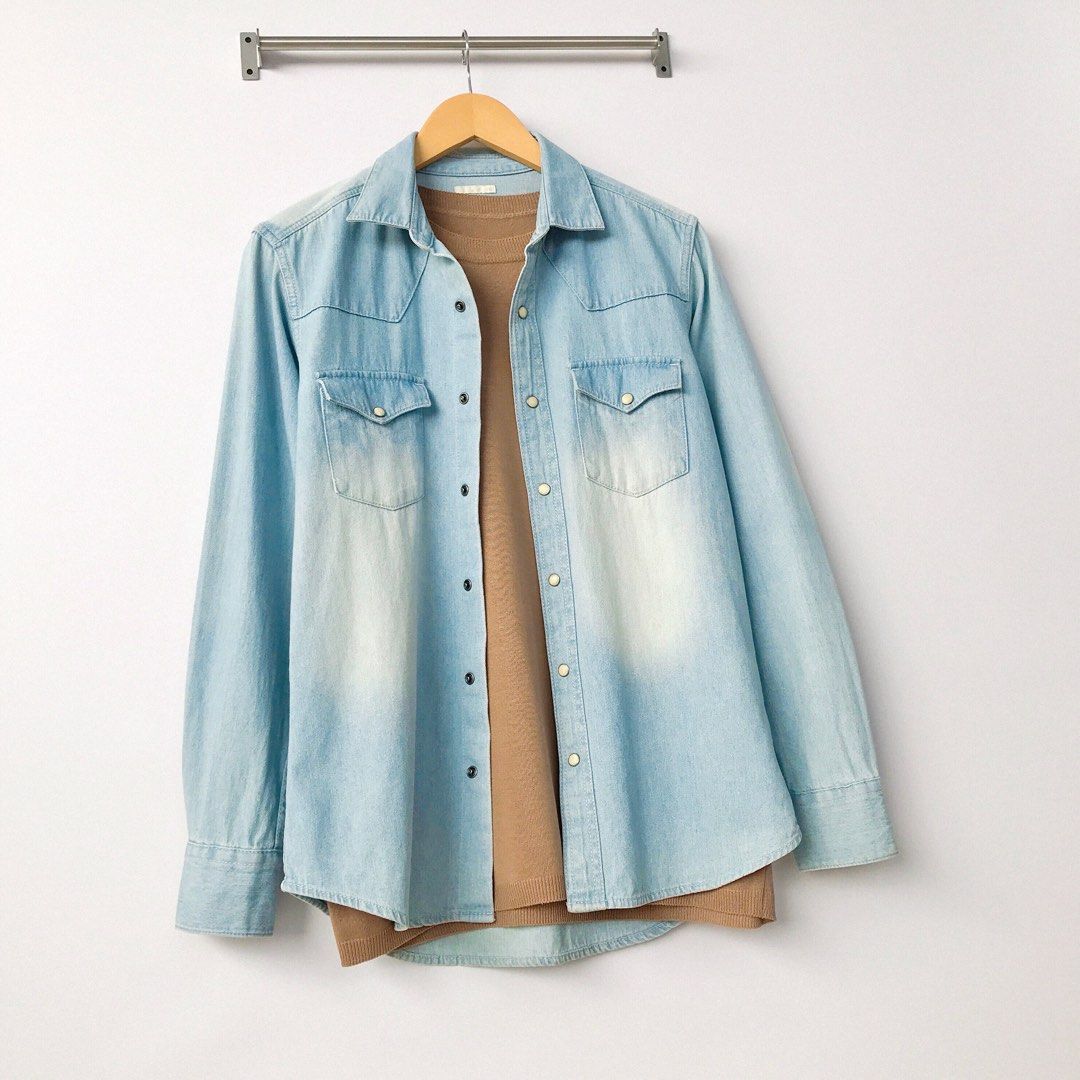 GU Western Denim Work Shirt Light Blue Biru Muda Sun Washed Faded