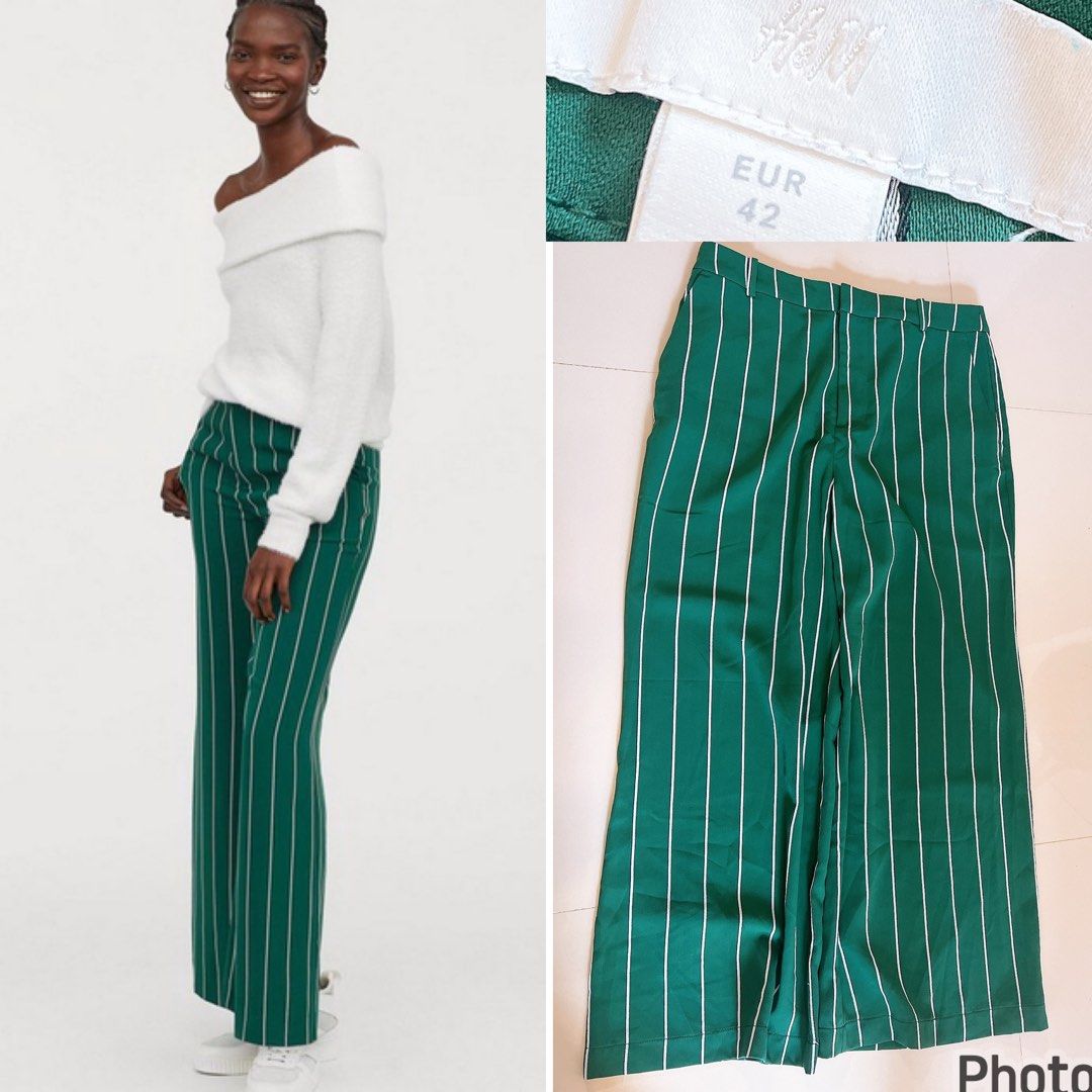 H&m green striped trousers on sale