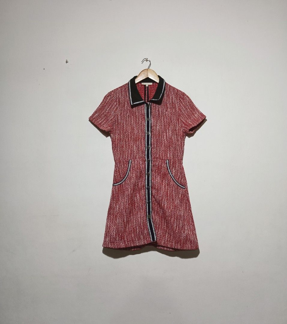 open lace back dress Maje Red Tweed V Neck Short Sleeve Mini Dress Size 36 – Mine & Yours
