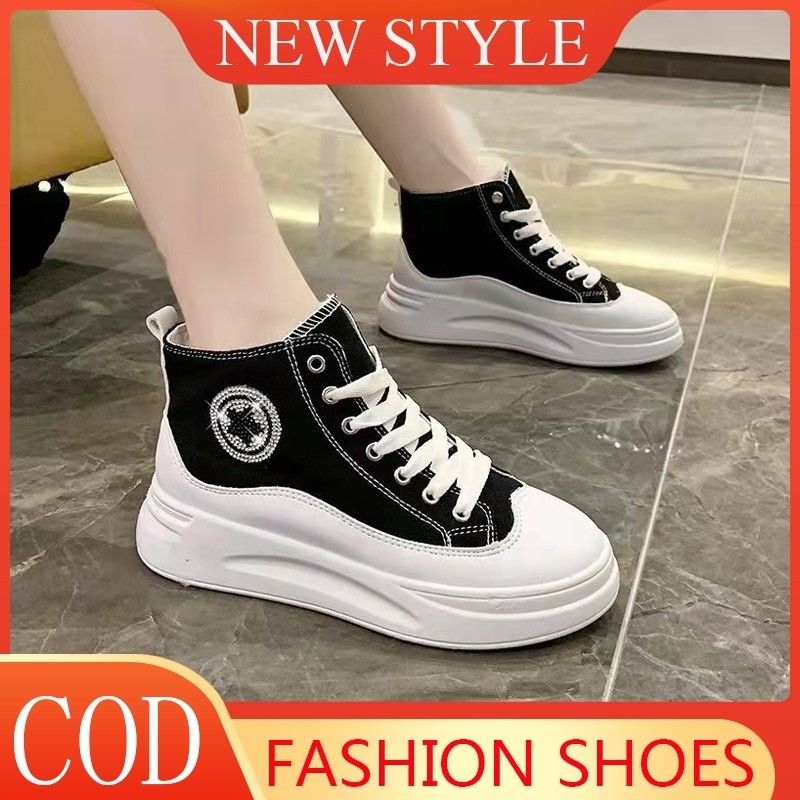 New Korean fashion canvas shoes rubber shoes sneakers for women comfortable lightweight soft bottom increase Casual white running shoes for women All match flat shoes Classic high top shoes for women ...