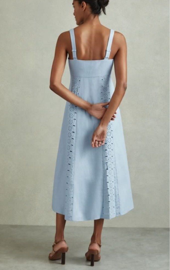 reiss azure ruched midi dress $240 NWT REISS Lena Cotton Ruched Waist Midi Dress, Blue, 10 (US)