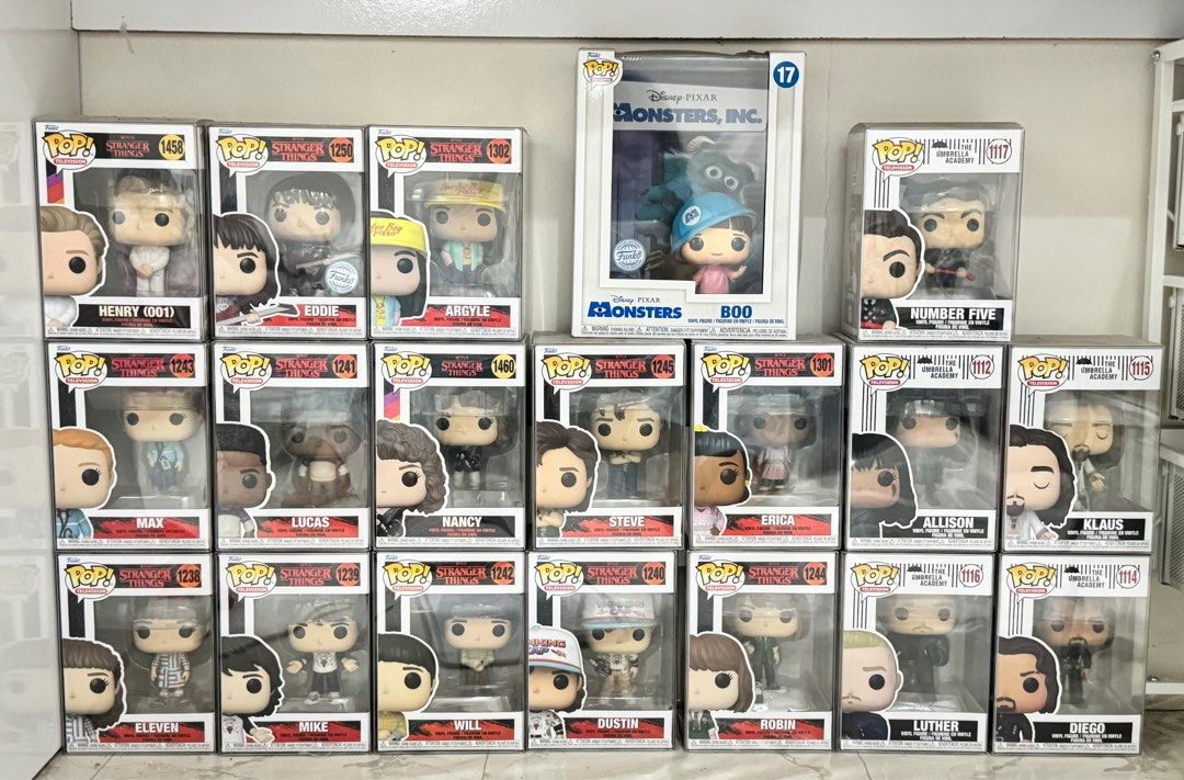 Umbrella Academy and Boo Funko Pops (Category: Designer & Blind Box Toys) located in Bulacan. Submitted by drellise (Listing ID 1324673352, Image 1). Description: WTS LFB UFS Stranger Things - 400ea Eddie, Max, and Eleven - 600ea Umbrella Academy - 300ea Number Five - 500 Boo - 1k — BIB — With free used boss protector — Loc: Bulacan — pm for more pics X sold: All Stranger Things .