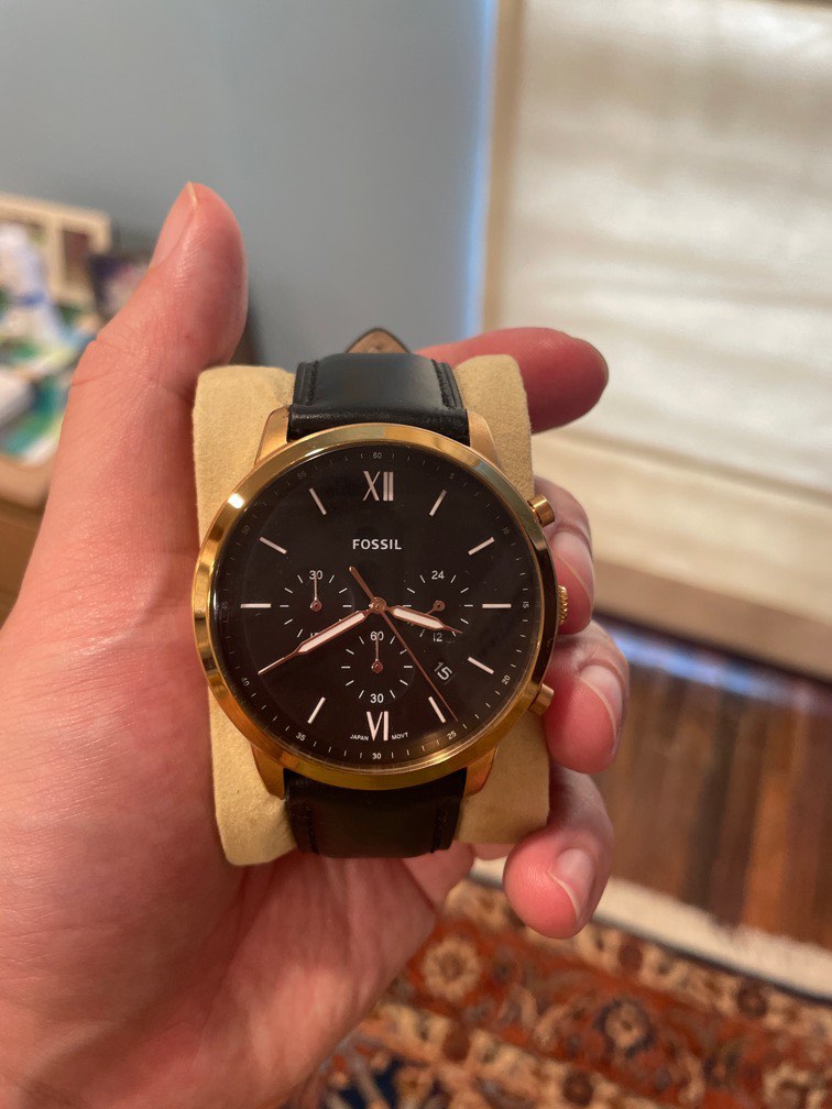 Unworn Fossil Black Gold Chronograph with Black Leather Strap Men s Fashion Watches Accessories Watches on Carousell