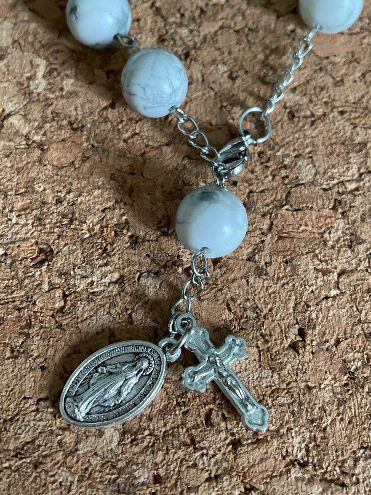 White Howlite Stone Beaded Catholic Rosary Bracelet