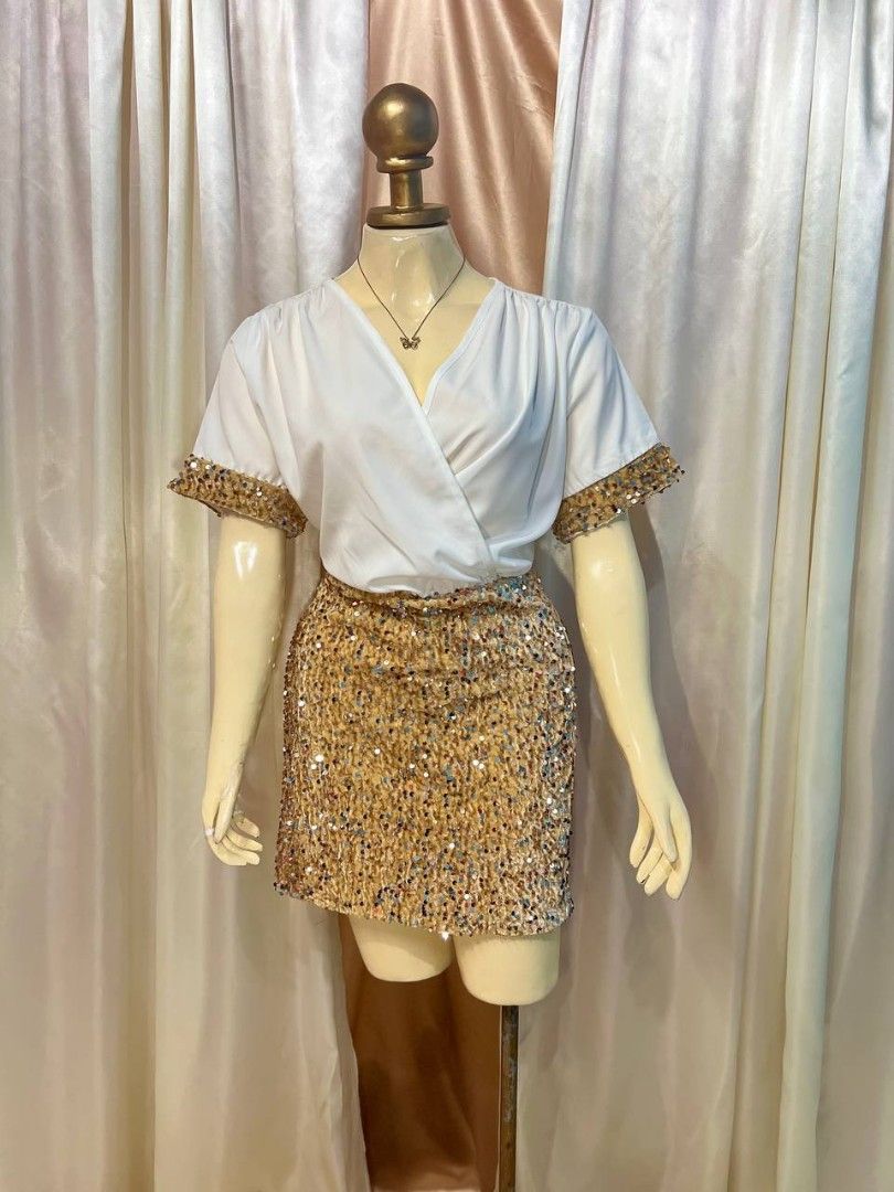 White top part and Gold Sequins Skirt Patchwork Sparkly V neck Short Sleeve Dress Medium Women s Fashion Dresses Sets Dresses on Carousell