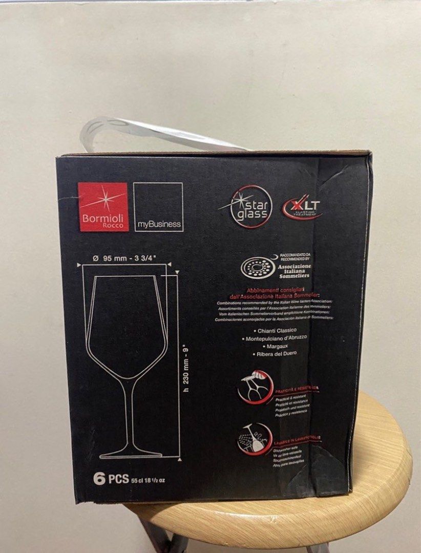 BORMIOLI Electra 6pcs wine glass (Category: Wine Cellar & Storage) located in Quezon City. Submitted by msamval (Listing ID 1344792622, Image 2). Description: Bormioli Electra 6pcs Wine Glass • orig price: 3192 • 18.5 oz • brandnew sealed.