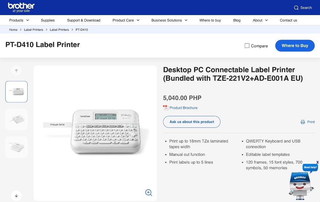 BROTHER PT-D410 LABEL PRINTER (Category: Printers, Scanners & Copiers) located in Caloocan City. Submitted by jlopez75 (Listing ID 1344918223, Image 2). Description: COMPLETE WITH BOX and MANUAL PLEASE SEE 2ND PIC FOR MORE DETAILS NON-NEGOTIABLE RFS: NO LONGER DOING EVENTS.