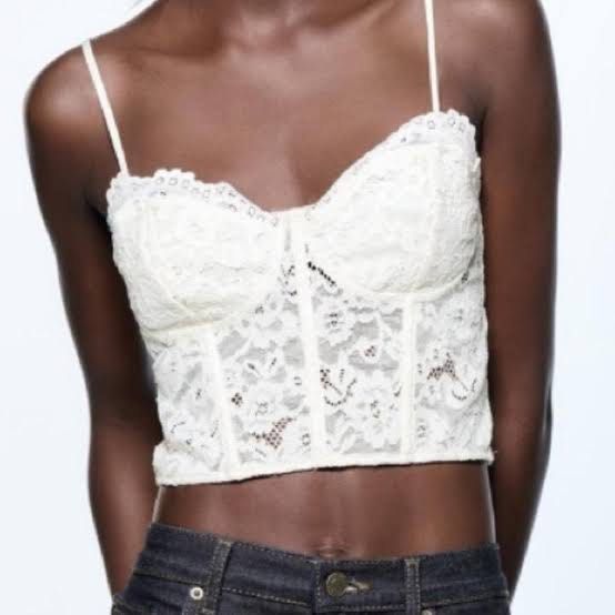 Zara Cropped Corset Lace Top (Category: Sleeveless) located in Makati City. Submitted by andiquality (Listing ID 1327965866, Image 1). Description: - Has adjustable straps. - Corset style but this one doesn’t have built-in wires which makes it more comfortable to wear. - Worn once. Doesn’t fit me right anymore. - Can fit XS-S! - Swipe to see the actual photos..