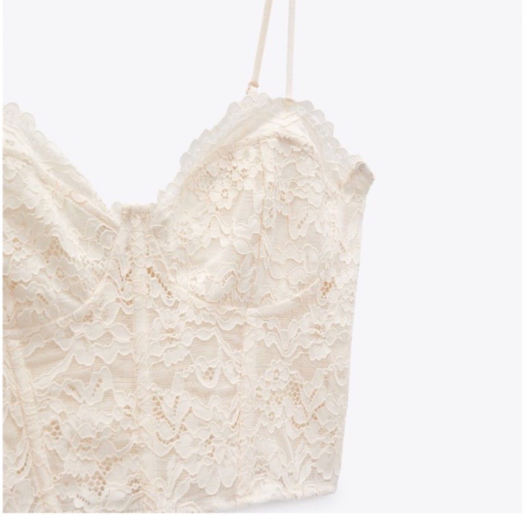 Zara Cropped Corset Lace Top (Category: Sleeveless) located in Makati City. Submitted by andiquality (Listing ID 1327965866, Image 3). Description: - Has adjustable straps. - Corset style but this one doesn’t have built-in wires which makes it more comfortable to wear. - Worn once. Doesn’t fit me right anymore. - Can fit XS-S! - Swipe to see the actual photos..