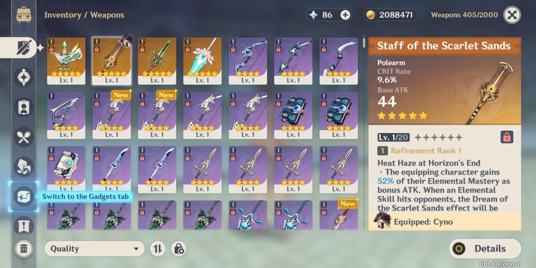 Cyno Sig AR7 Starter Genshin Impact (Category: Others) located in Caloocan City. Submitted by rurugenshin (Listing ID 1344923201, Image 3). Description: Check my profile for more accounts! *Cyno And Signature Weapon - Staff of Scarlet Sands Other 5 stars: * Character: Tighnari,Mona * Weapons: Floating Dreams, Primojade Spear, Skyward Pride AR7 Unset Email - Unset Birthday Asia Server SAFE: First Owner - Manually Rolled Account Not Abyss Hacked 50