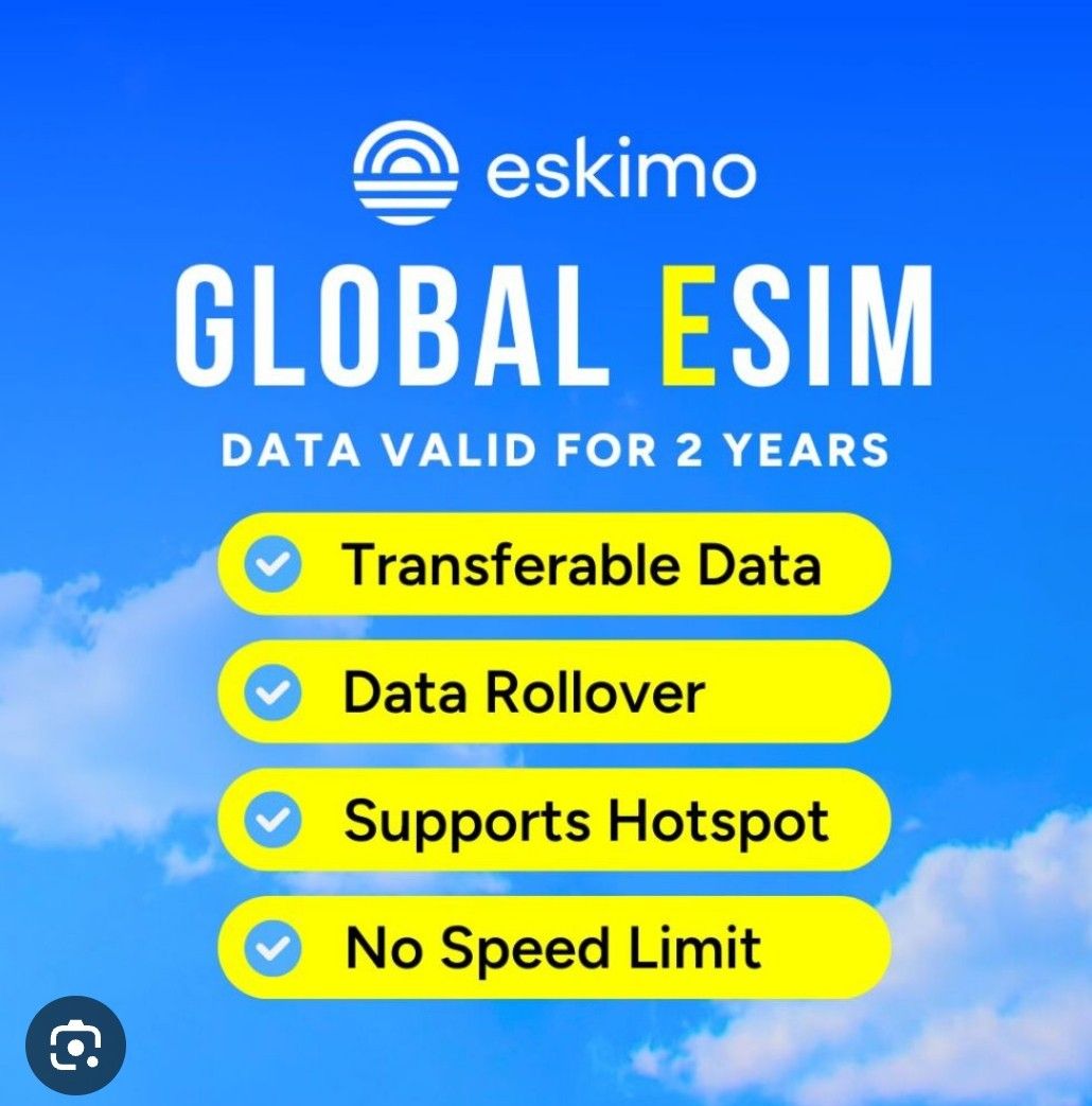 Eskimo Roaming Data e-SIM (Category: Sim Cards) located in Singapore. Submitted by jermsjjj (Listing ID 1344852235, Image 1). Description: Connect instantly and travel without roaming fees or physical SIM cards. Just install the e-SIM will do. Join me and download Eskimo App to get free 500MB data to roam in 80+ countries, including Australia, Hong Kong, Japan, Korea, Malaysia, Taiwan, Thailand, UK, and the USA with blazing, fast speed and no tro