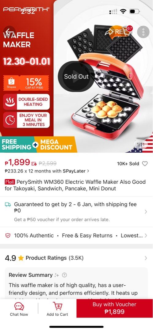 Perysmith Waffle/Pancake Maker (Category: Other Kitchen Appliances) located in Caloocan City. Submitted by lamiiiiiii (Listing ID 1344804527, Image 1). Description: Bought this for 1400 Used only for 3 times. Includes all 3 molder Rfs: decluttering.