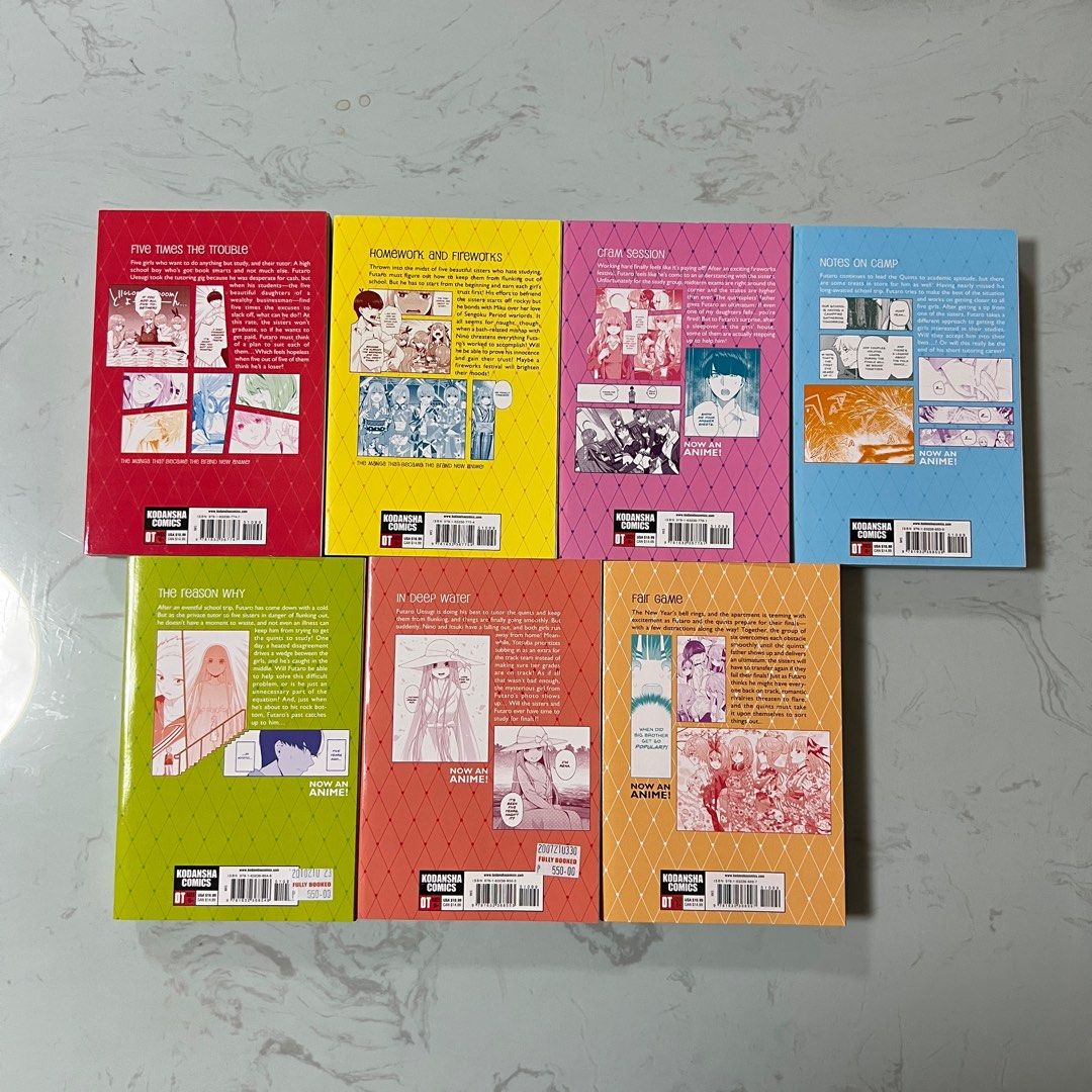Quintessential Quintuplets (Category: Comics & Manga) located in Valenzuela. Submitted by hachu99 (Listing ID 1344775948, Image 2). Description: SOLD AS SET ONLY Books 1-10, 12 and 13 are opened but resealed. In 10/10 condition, no flaws 11 and 14 are brand new With free resealer ✨ Can ship asap 💕.